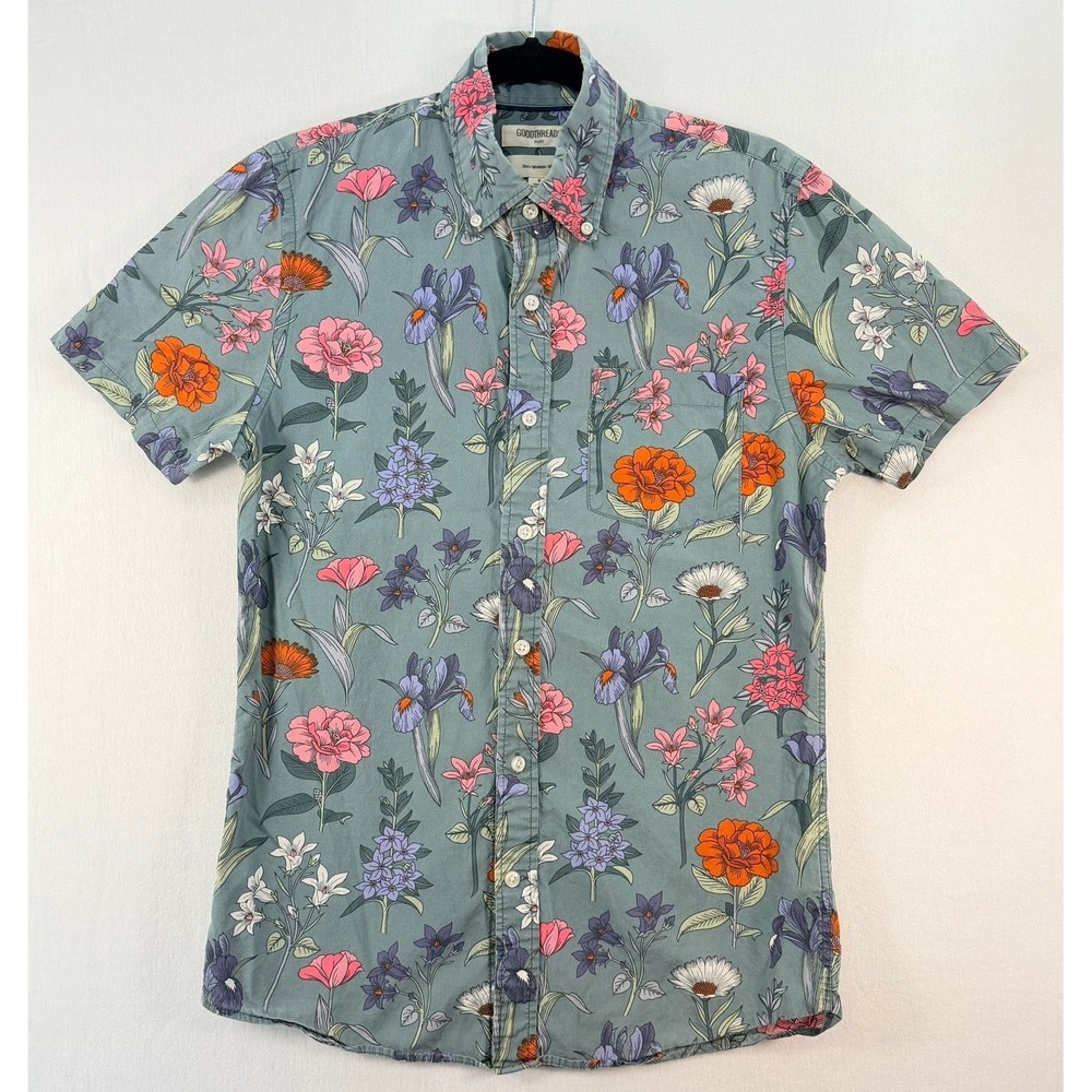 Goodthreads Mens Slim Fit Floral Poplin Shirt Short Sleeve Sage Green Small